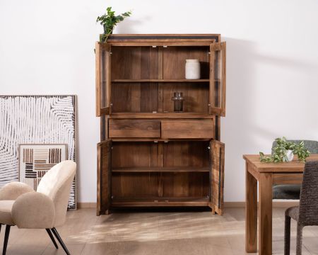 Vaisselier contemporain en teck recyclé et portes vitrées "Kayoa"