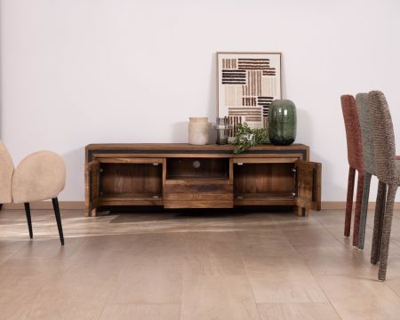 Meuble TV contemporain en teck 160 cm design graphique “Kayoa”