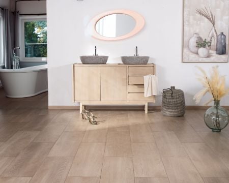 Meuble sous vasque 140 cm en manguier blanchi avec portes et tiroirs "Kahiko"