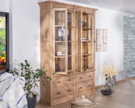 Vaisselier en manguier massif 170 cm avec portes vitrées et tiroirs "Santa"