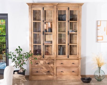 Vaisselier en manguier massif 170 cm avec portes vitrées et tiroirs "Santa"