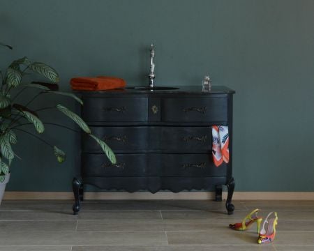 Meuble salle de bain en manguier noir et pierre tiroirs rétro style commode 