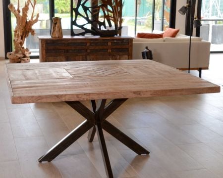 Table design carrée métal et bois massif "Bronx" 130x130cm