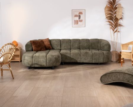 Canapé en tissu vert avec extension électrique et méridienne retour gauche "Syltan"