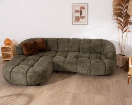 Canapé en tissu vert avec extension électrique et méridienne retour gauche "Syltan"