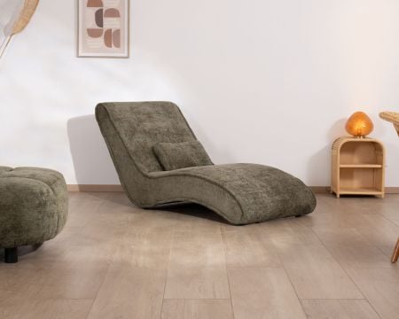 Chaise longue d'intérieur design en tissu chenillé vert foncé "Syltan"