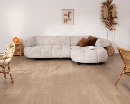 Canapé avec assise électrique et méridienne à droite "Syltan" tissu blanc cassé tramé