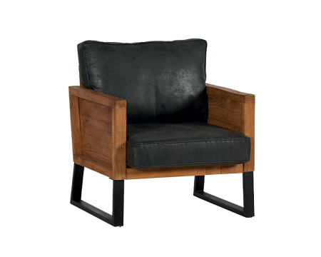 Fauteuil club en tissu imitation cuir anthracite & teck "Roster"