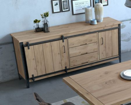 Grande enfilade en chêne style atelier 2 portes 3 tiroirs "Breeze"
