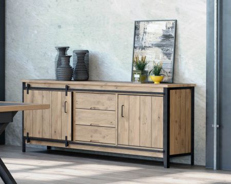 Buffet industriel multi rangements métal gris foncé et bois "Breeze"