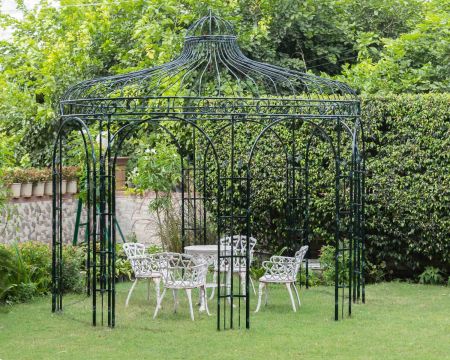 Grande gloriette de jardin en fer forgé aspect vieilli "Rosy" diamètre 3m35