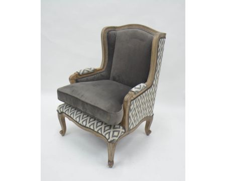 Bergère en velours gris et tissu motif diamant structure bois "Sofia"