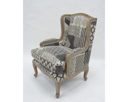 Fauteuil bergère tissu patchwork gris et bois naturel clair "Sofia"