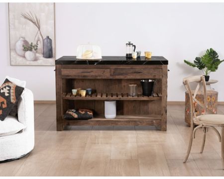  Billot de cuisine en teck recyclé et plateau marbre noir "Grana"