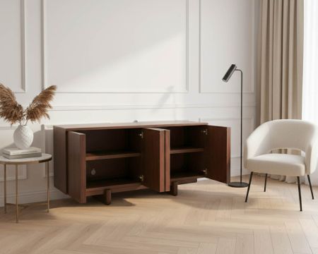 Buffet bas 4 portes esprit japandi "Laumie" teinte foncée