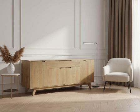 Enfilade 4 portes 200 cm en manguier teinte noyer clair "Elyka" style scandinave