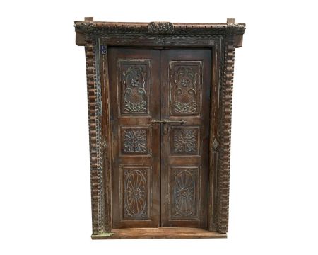 Porte indienne avec cadre et décor floral "Vieille porte" bois massif