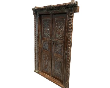 Porte indienne avec cadre et décor floral "Vieille porte" bois massif