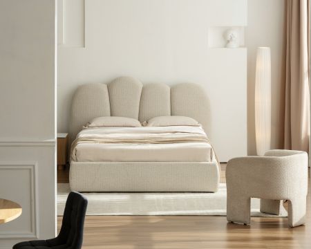 Cadre de lit 160 cm matelassé en tissu doux blanc tramé "Sweet Culture" formes organiques