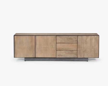 Grand banc TV 180 cm en manguier style épuré  "Santo" avec portes et tiroirs