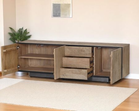 Grand banc TV 180 cm en manguier style épuré  "Santo" avec portes et tiroirs