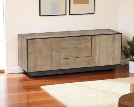 Meuble TV 150 cm en manguier style épuré  "Santo" avec portes et tiroirs