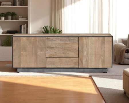 Meuble TV 150 cm en manguier style épuré  "Santo" avec portes et tiroirs