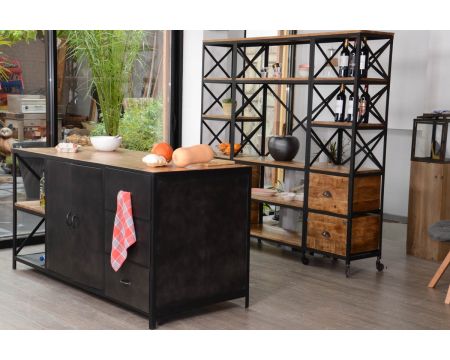 Îlot central industriel métal et bois 180 cm "Kraft" 