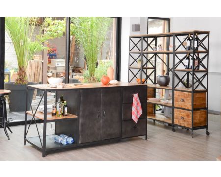Îlot central industriel métal et bois 180 cm "Kraft" 