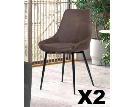 Lot de 2 chaises design métal noir et tissu microfibre brun "Malo"