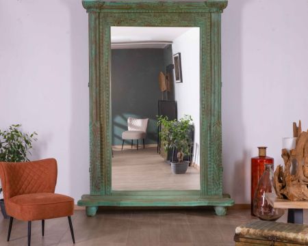 Grand miroir avec cadre indien en bois "Vieille Porte" pièce unique