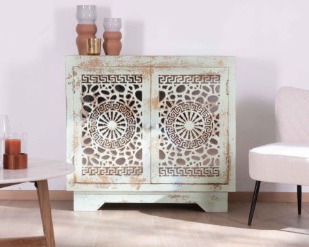 Petit buffet indien en bois peint avec portes sculptées "Muse"