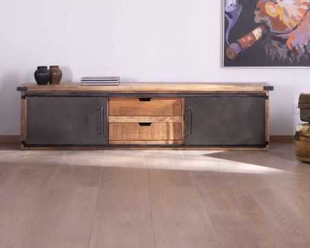 Meuble TV 180 cm à portes coulissantes métal et bois "Caractère"