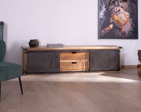 Grand meuble télé "Caractère" 200cm 2 portes 2 tiroirs métal et bois
