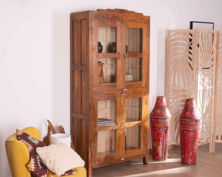 Grande armoire métal et bois recyclés avec portes vitrées "Batti"