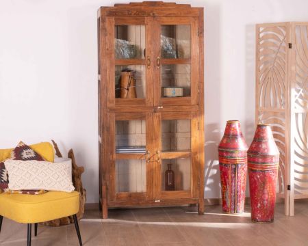 Grande armoire métal et bois recyclés avec portes vitrées "Batti"