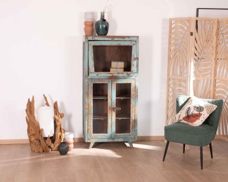Vitrine métal et bois surcylé patiné esprit récup "Batti"