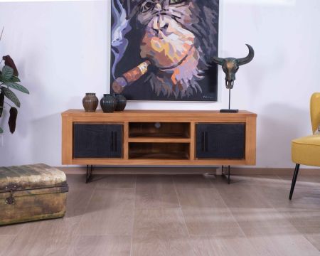Meuble TV moderne teck recyclé et métal "Trend' 2 portes 2 niches
