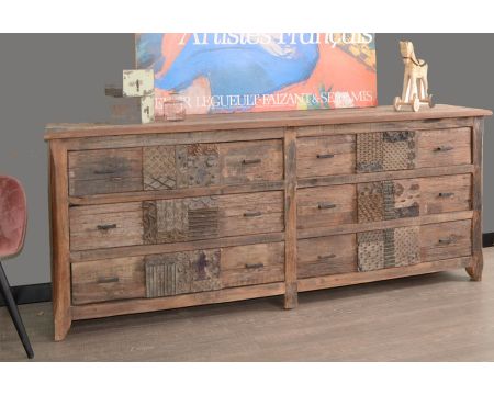 Commode basse apothicaire 195cm "Népalaise" en bois recyclé 6 tiroirs