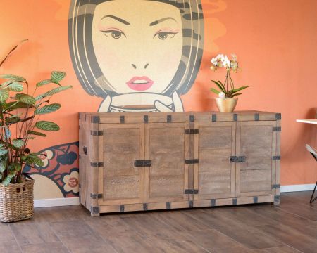 Buffet en manguier blanchi et métal style coffre vintage "Voyage"