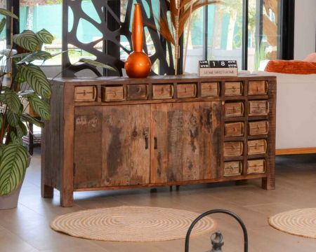 Buffet bas ethnique en bois exotique brut recyclé 150cm "Népalaise"