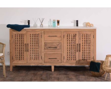 Meuble double vasque 4 portes en acacia et plateau quartz "Mékong"