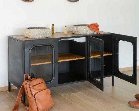 Meuble salle de bain métal noir bois massif et verre "Atelier Kraft"