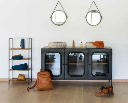 Meuble salle de bain métal noir bois massif et verre "Atelier Kraft"