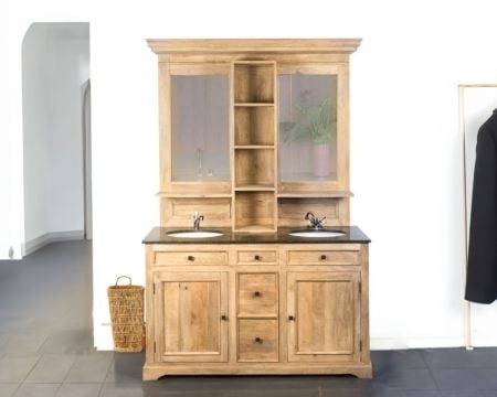 Grand meuble double vasque pierre et bois massif avec miroirs