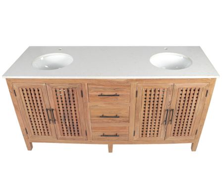 Meuble double vasque 4 portes en acacia et plateau quartz "Mékong"