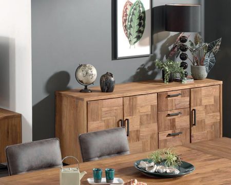 Bahut teck massif 3 portes 3 tiroirs "Kataya" 180cm