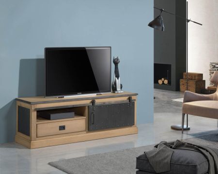 Meuble TV bas style indus’ chic "San Francisco" métal chêne massif