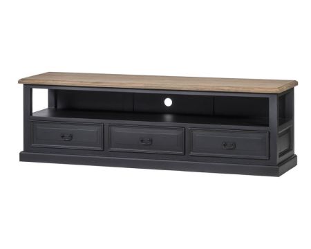 Grand meuble télé noir en teck style classique 3 tiroirs "Timeless"