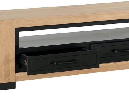 Meuble TV en chêne massif huilé et MDF laqué noir 140 cm "Cleveland"